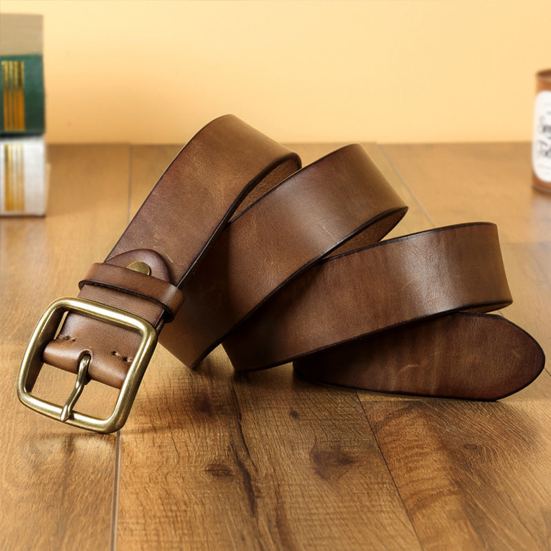 Mens Genuine Leather Belt with Copper Buckle