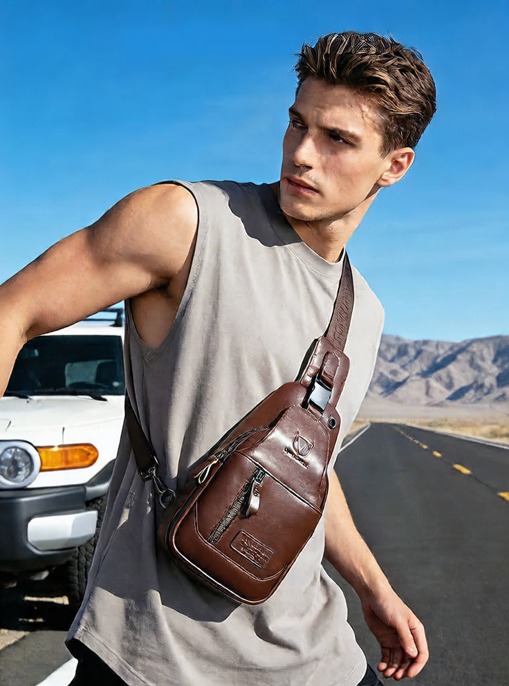 Mens Genuine Leather Crossbody Chest Bag