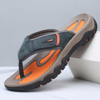 Mens Genuine Leather Flip Flops Thick Sole Sandals