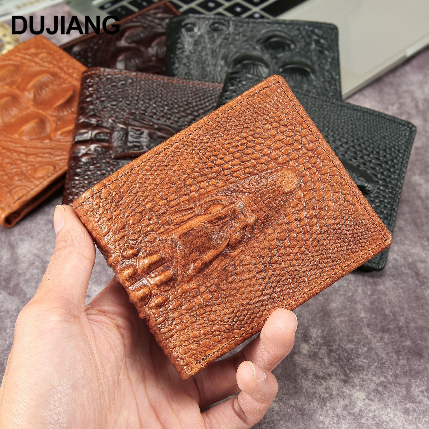 Mens Genuine Leather Short Wallet with Crocodile Pattern