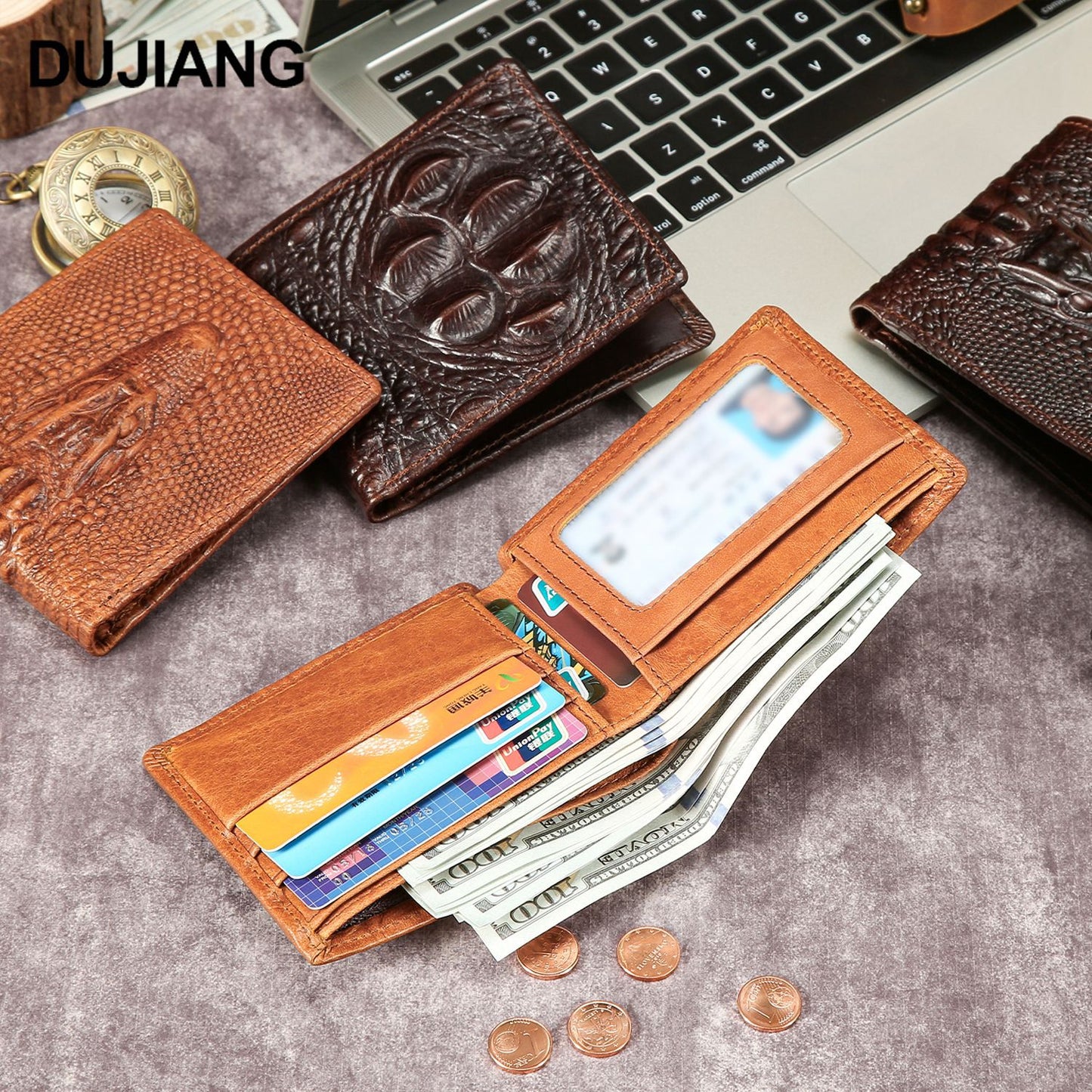 Mens Genuine Leather Short Wallet with Crocodile Pattern