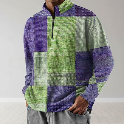 Mens Geometric Waffle Polo Shirt with Zipper Detail