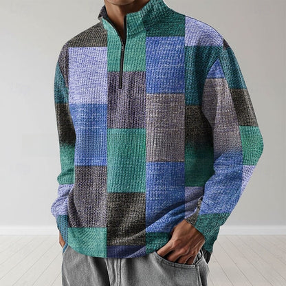 Mens Geometric Waffle Polo Shirt with Zipper Detail