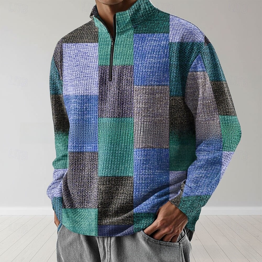 Mens Geometric Waffle Polo Shirt with Zipper Detail