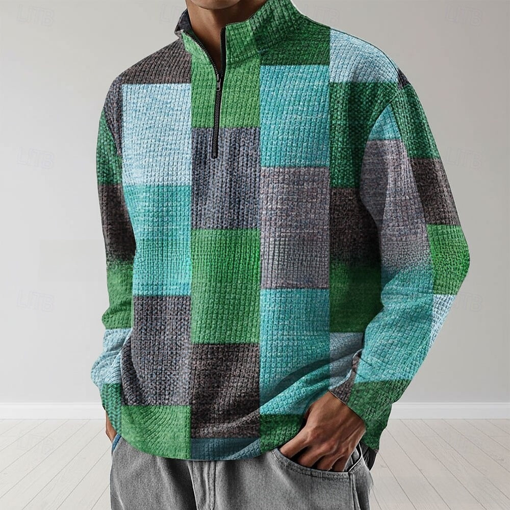 Mens Geometric Waffle Polo Shirt with Zipper Detail