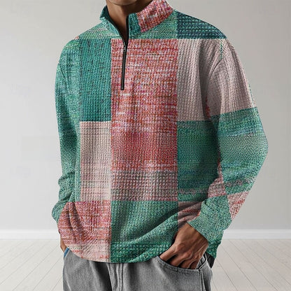 Mens Geometric Waffle Polo Shirt with Zipper Detail