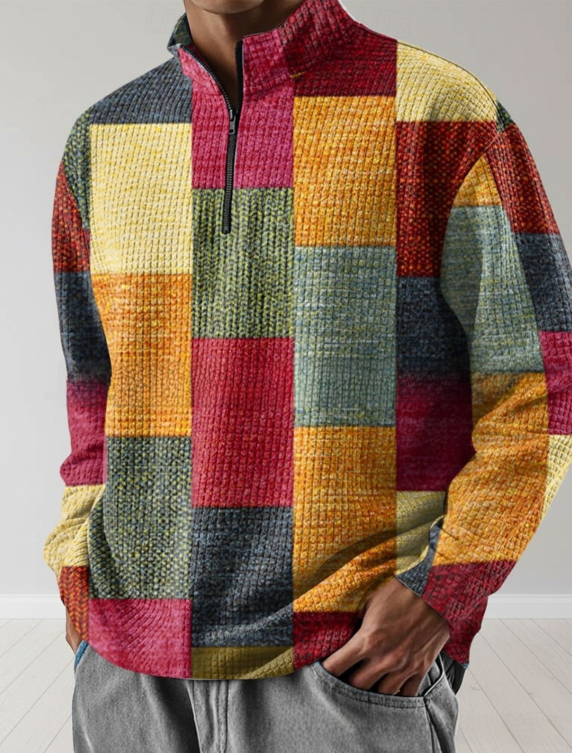 Mens Geometric Waffle Polo Shirt with Zipper Detail