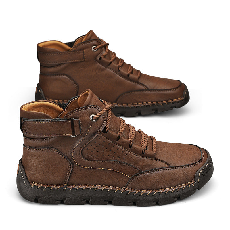 Mens Hand-Stitched Ankle Boots Flat Lace-Up Casual Shoes