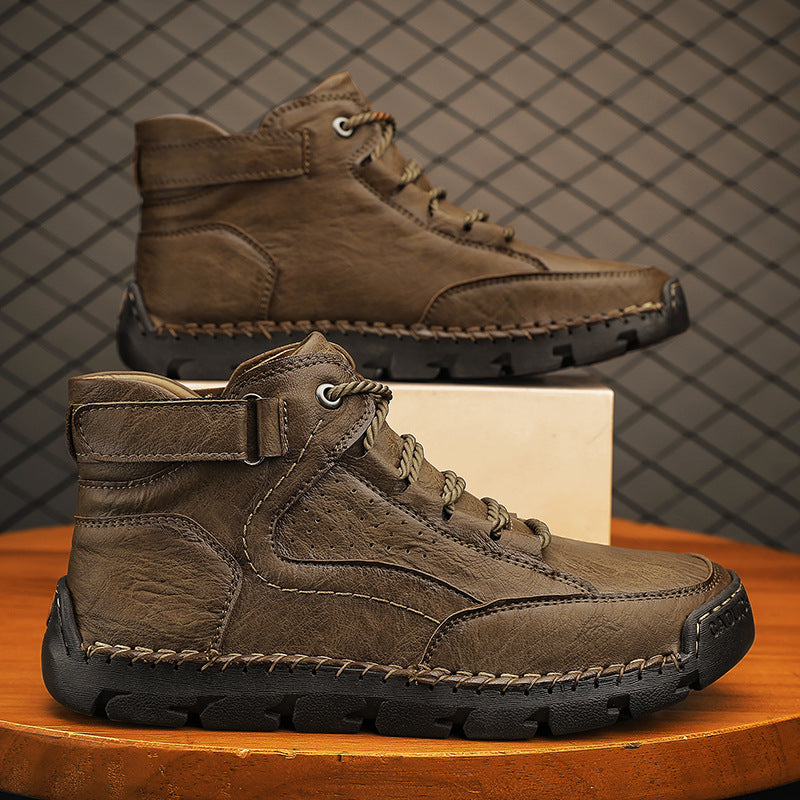 Mens Hand-Stitched Ankle Boots Flat Lace-Up Casual Shoes
