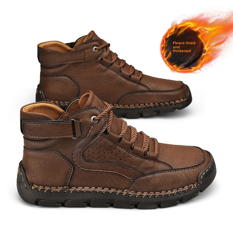 Mens Hand-Stitched Ankle Boots Flat Lace-Up Casual Shoes