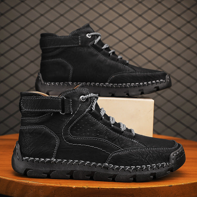 Mens Hand-Stitched Ankle Boots Flat Lace-Up Casual Shoes