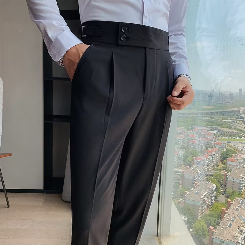 Mens High Waist Straight Leg Trousers