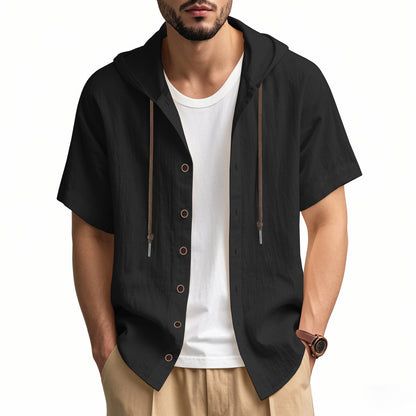 Mens Hooded Cotton Linen Casual Shirt