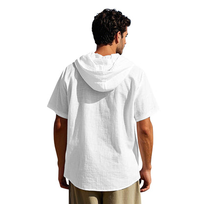 Mens Hooded Cotton Linen Casual Shirt