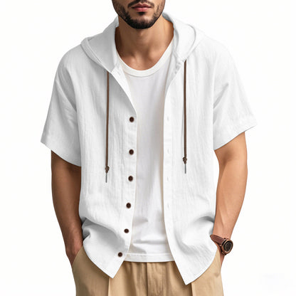Mens Hooded Cotton Linen Casual Shirt