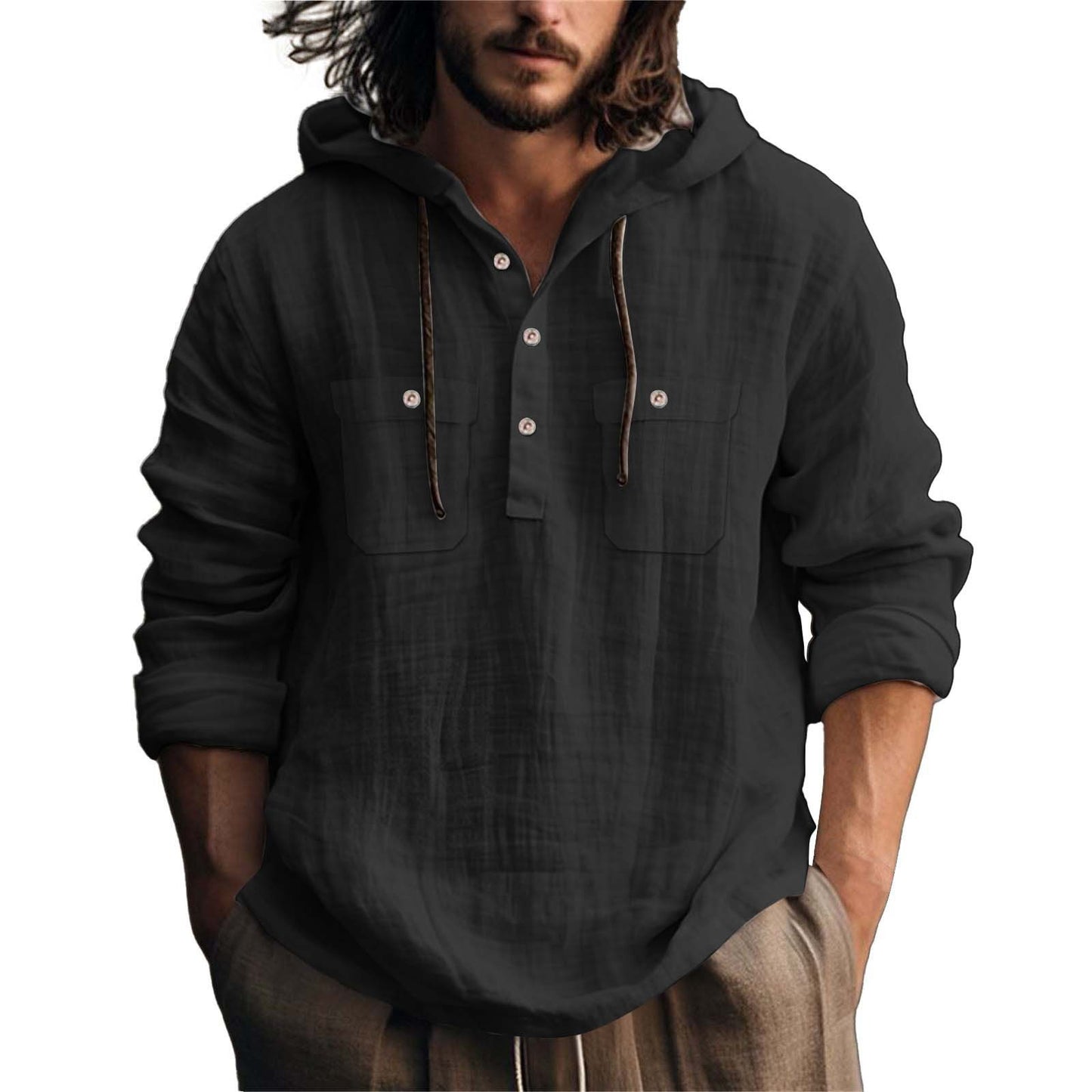 Mens Hooded Cotton Linen Sweater