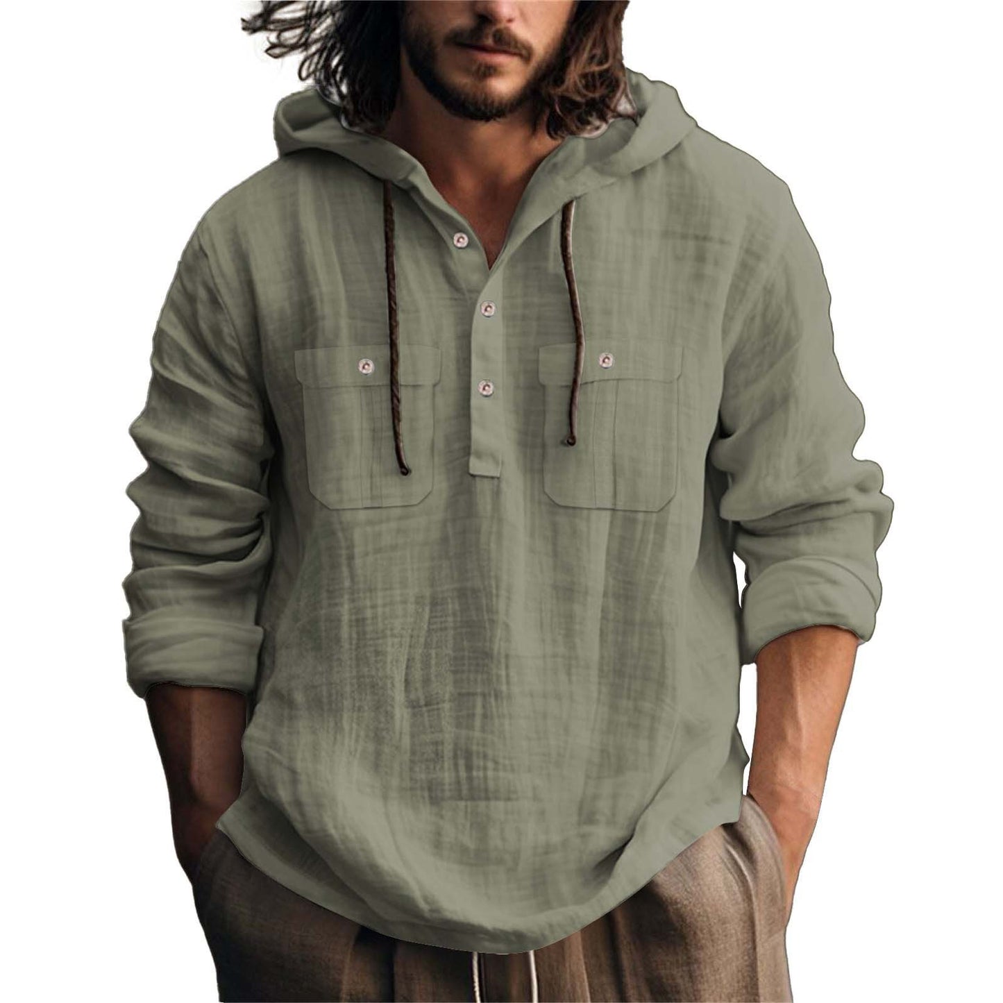 Mens Hooded Cotton Linen Sweater