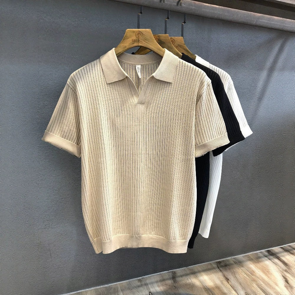 Mens Ice Silk Hollow Pattern Short Sleeve Polo Shirt
