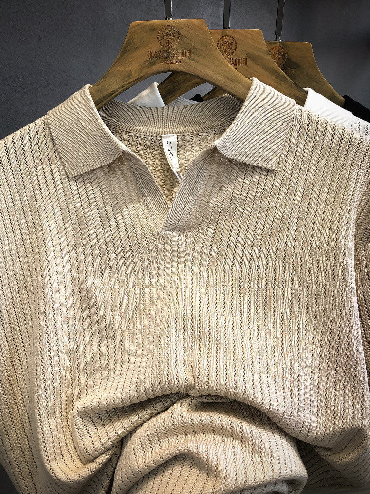 Mens Ice Silk Hollow Pattern Short Sleeve Polo Shirt