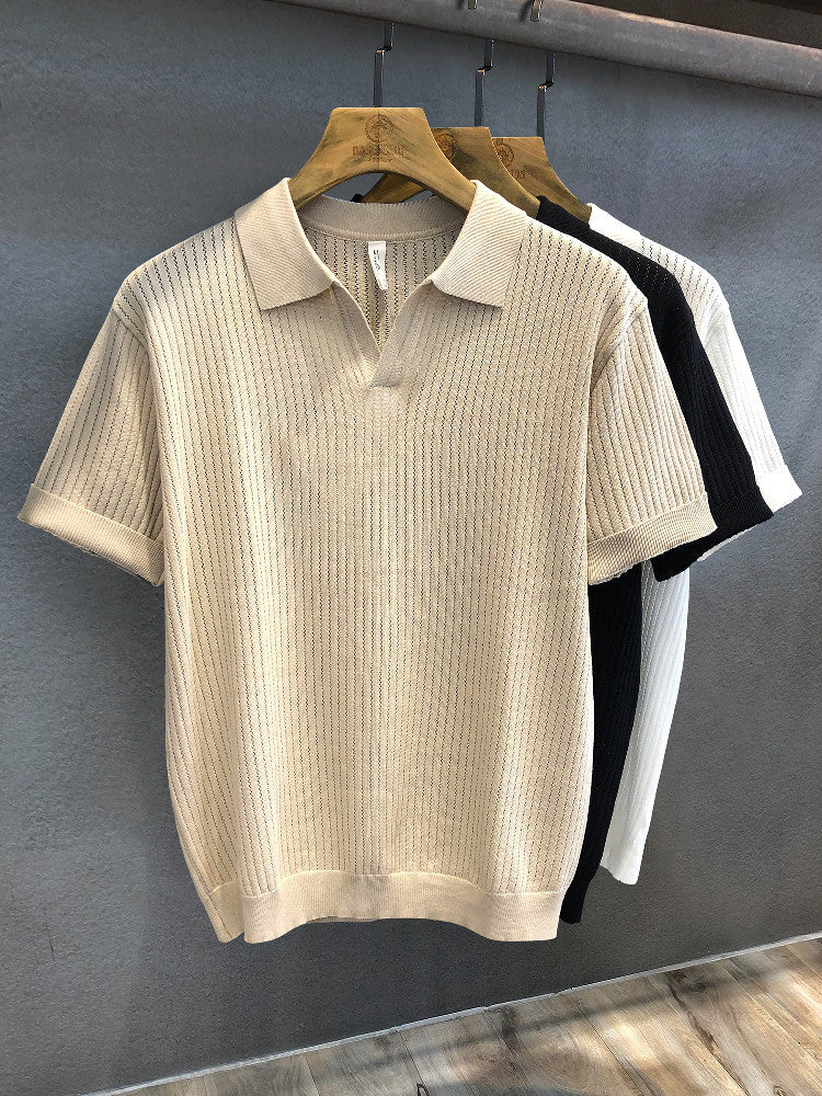 Mens Ice Silk Hollow Pattern Short Sleeve Polo Shirt