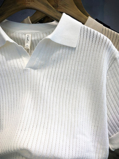 Mens Ice Silk Hollow Pattern Short Sleeve Polo Shirt