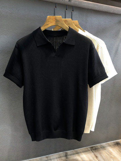 Mens Ice Silk Hollow Pattern Short Sleeve Polo Shirt