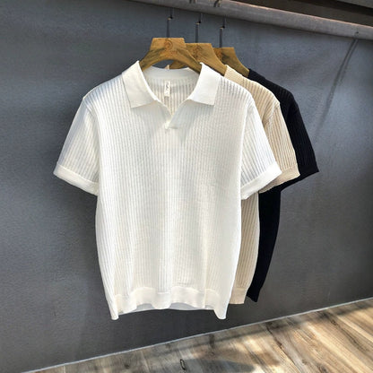 Mens Ice Silk Hollow Pattern Short Sleeve Polo Shirt