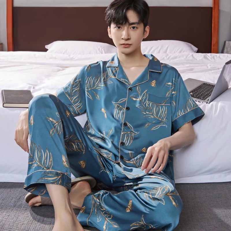 Mens Ice Silk Pajamas Short Sleeve Homewear Set