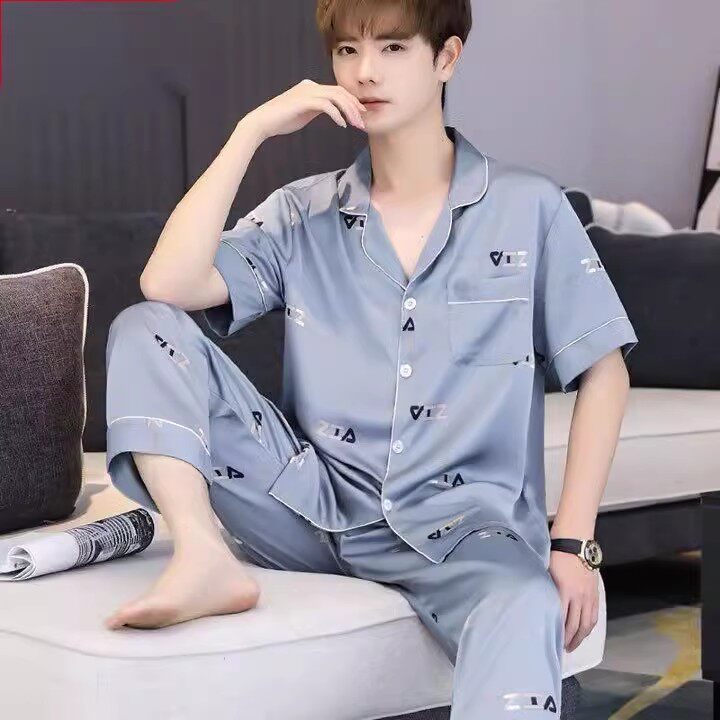 Mens Ice Silk Pajamas Short Sleeve Homewear Set