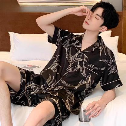 Mens Ice Silk Pajamas Short Sleeve Homewear Set