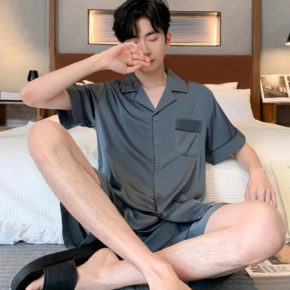 Mens Ice Silk Pajamas Short Sleeve Homewear Set
