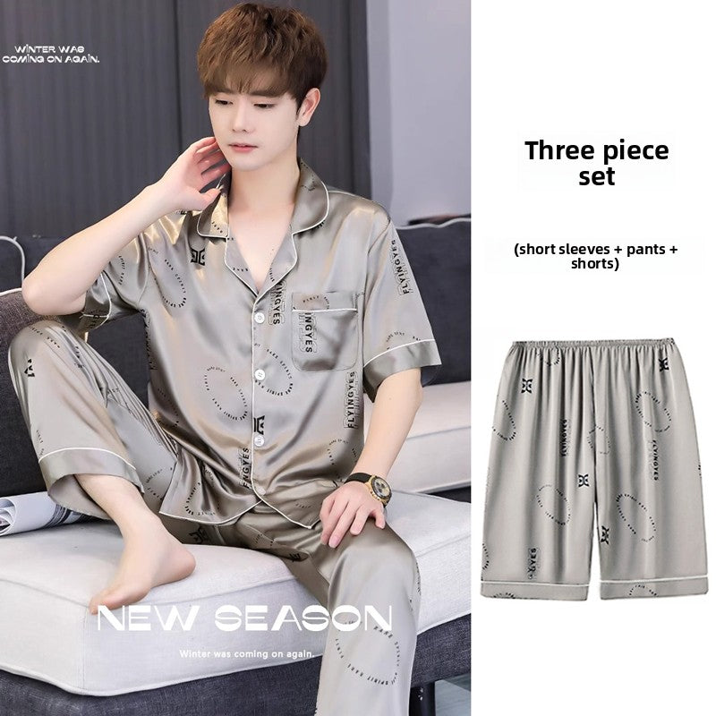 Mens Ice Silk Pajamas Short Sleeve Homewear Set