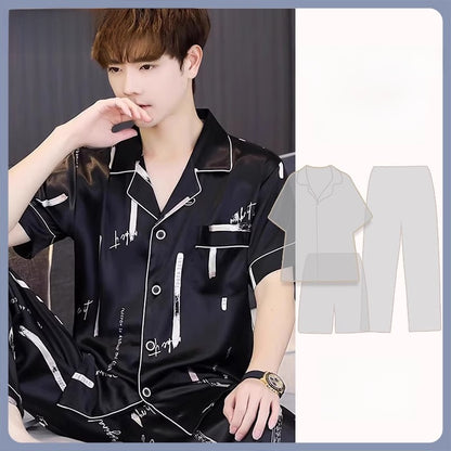 Mens Ice Silk Pajamas Short Sleeve Homewear Set