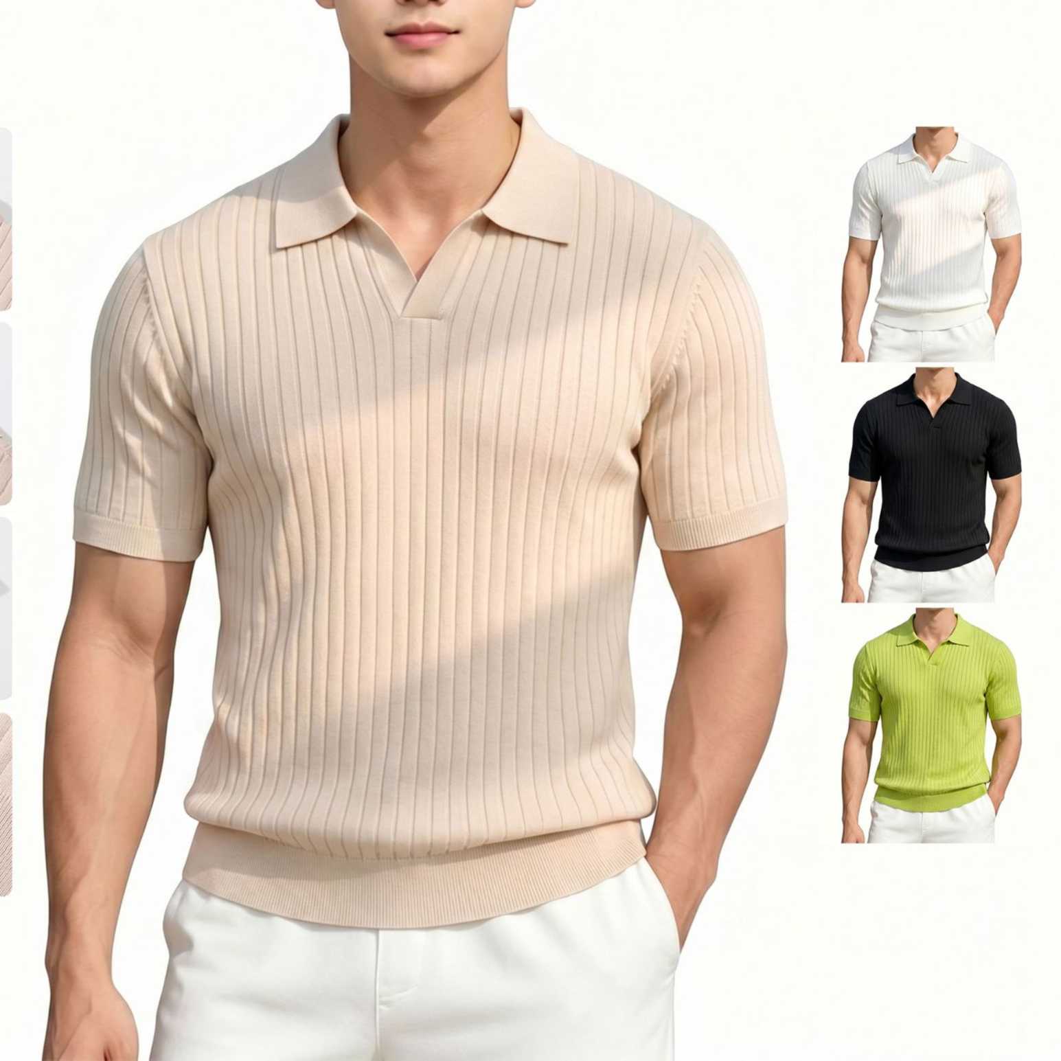 Mens Ice Silk Striped Half-Zip Polo Shirt Slim Fit Knitwear