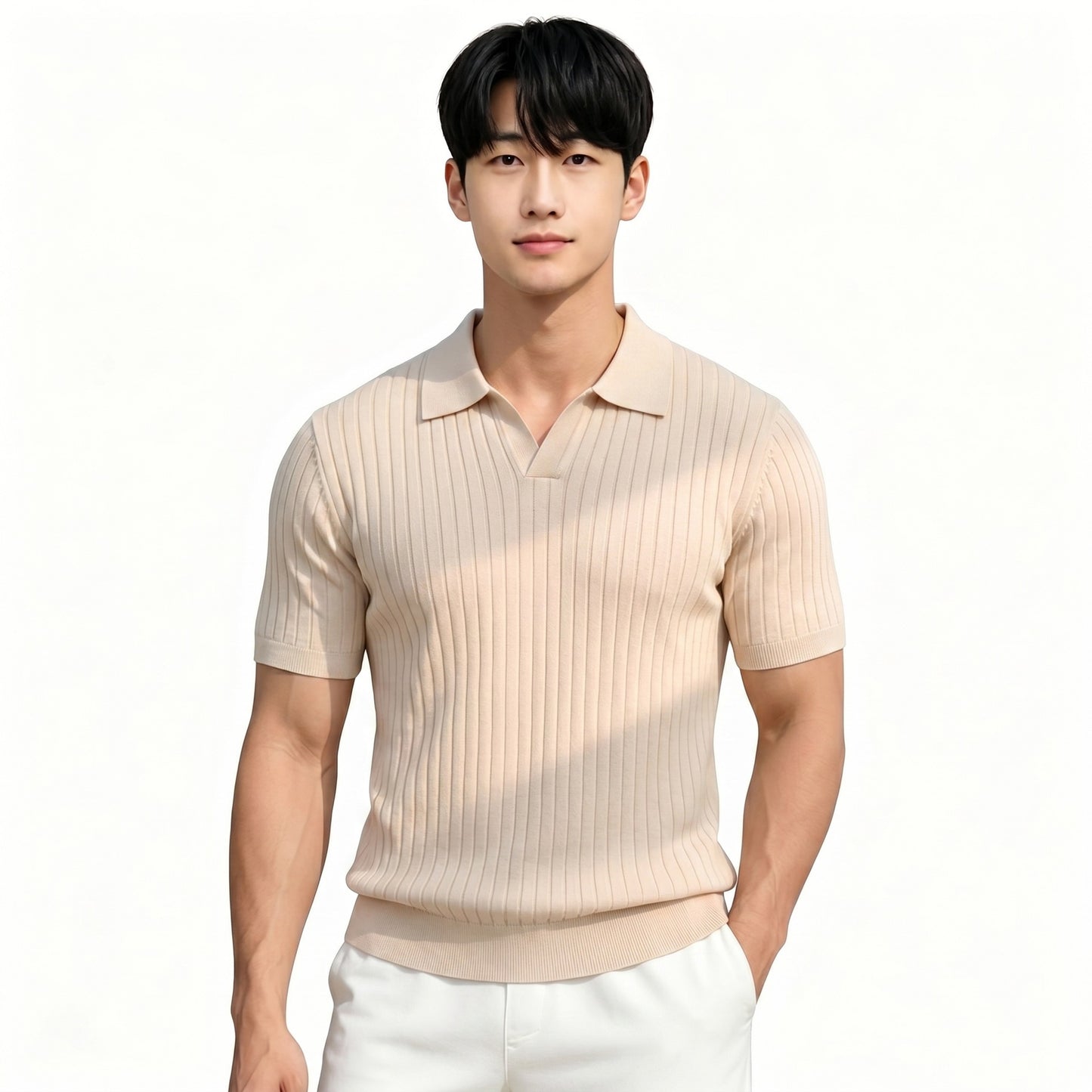 Mens Ice Silk Striped Half-Zip Polo Shirt Slim Fit Knitwear