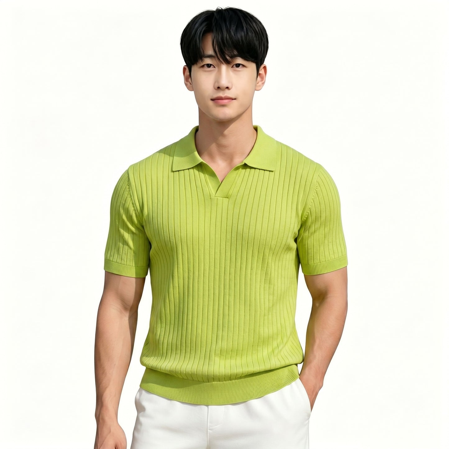 Mens Ice Silk Striped Half-Zip Polo Shirt Slim Fit Knitwear