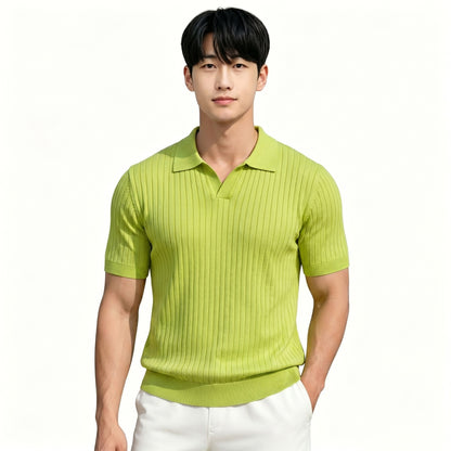 Mens Ice Silk Striped Half-Zip Polo Shirt Slim Fit Knitwear