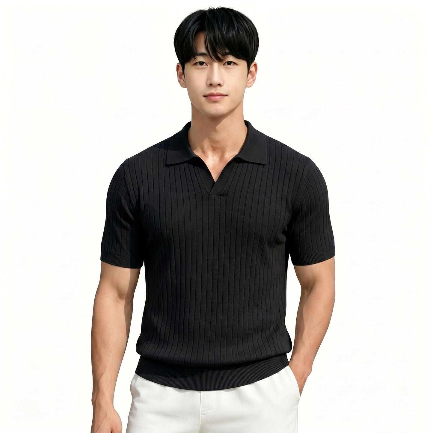 Mens Ice Silk Striped Half-Zip Polo Shirt Slim Fit Knitwear