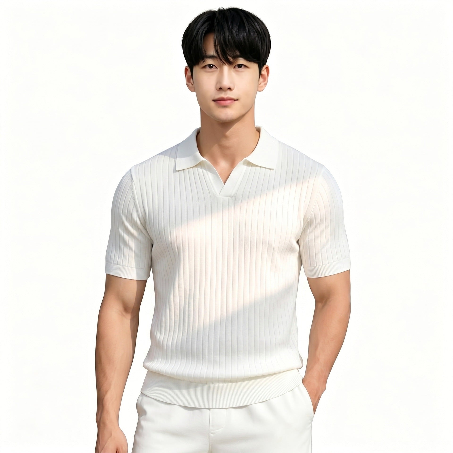 Mens Ice Silk Striped Half-Zip Polo Shirt Slim Fit Knitwear