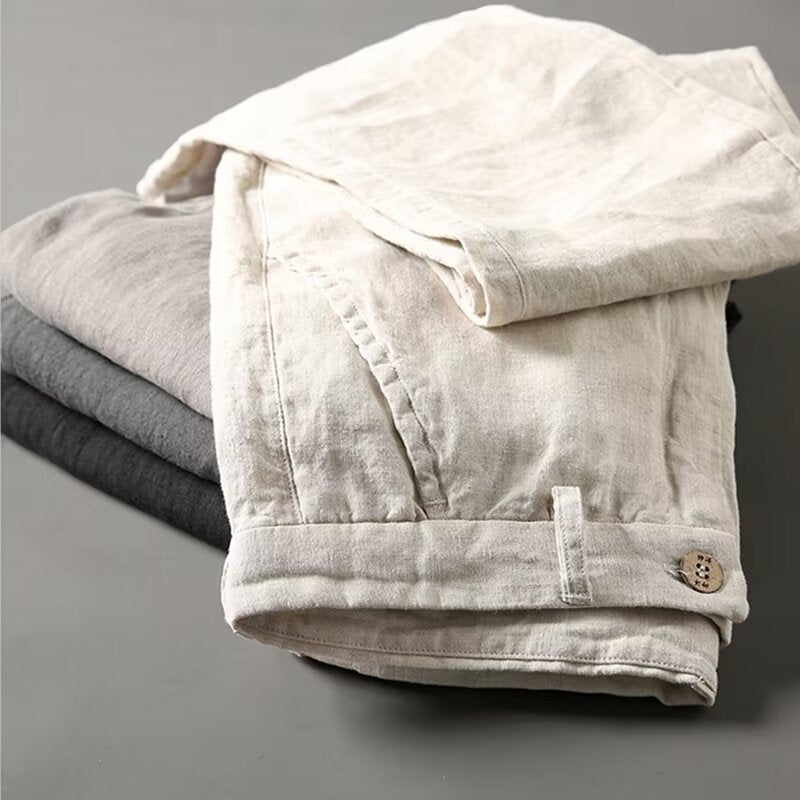 Mens Linen Blend Straight Leg Casual Trousers