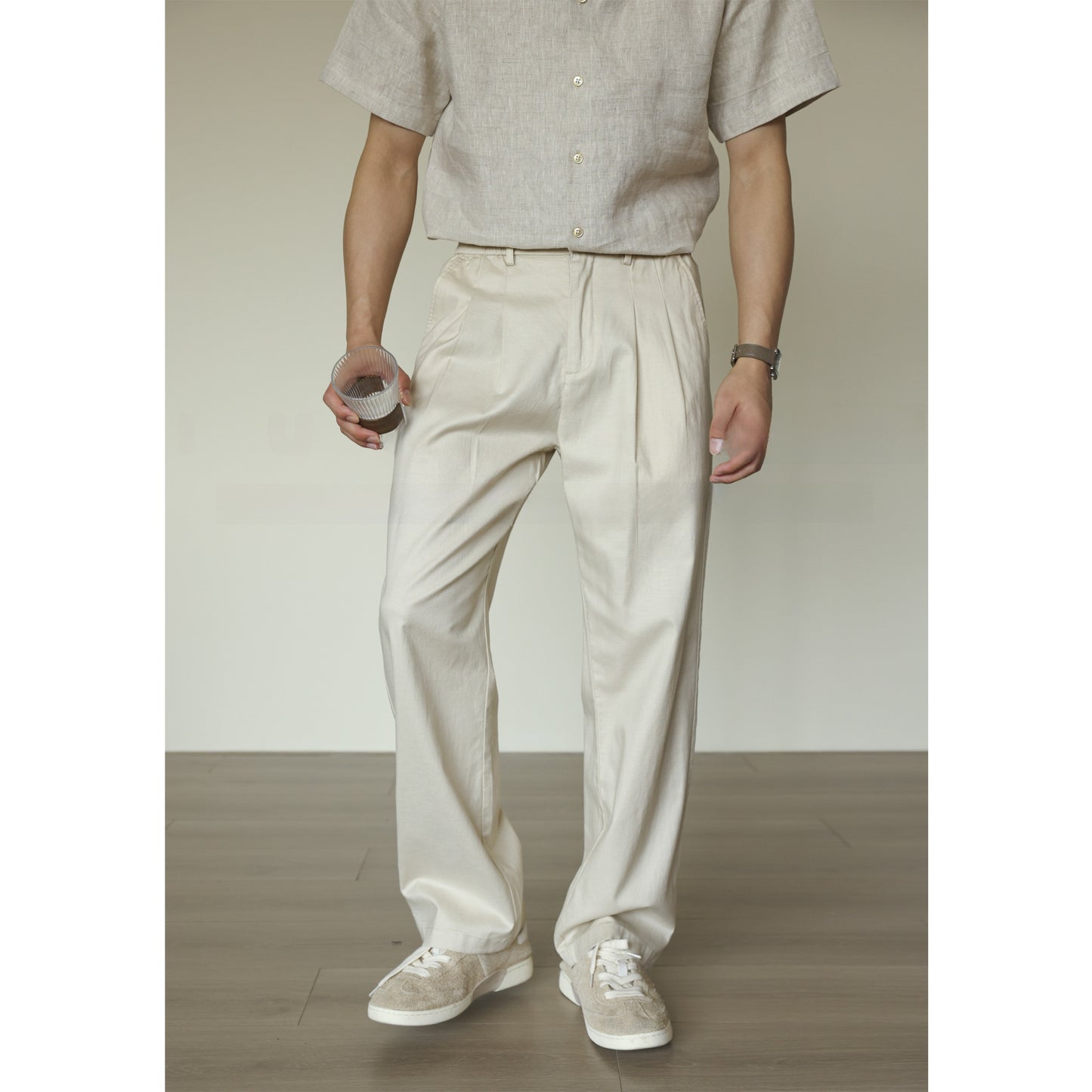 Mens Linen Blend Straight Leg Trousers