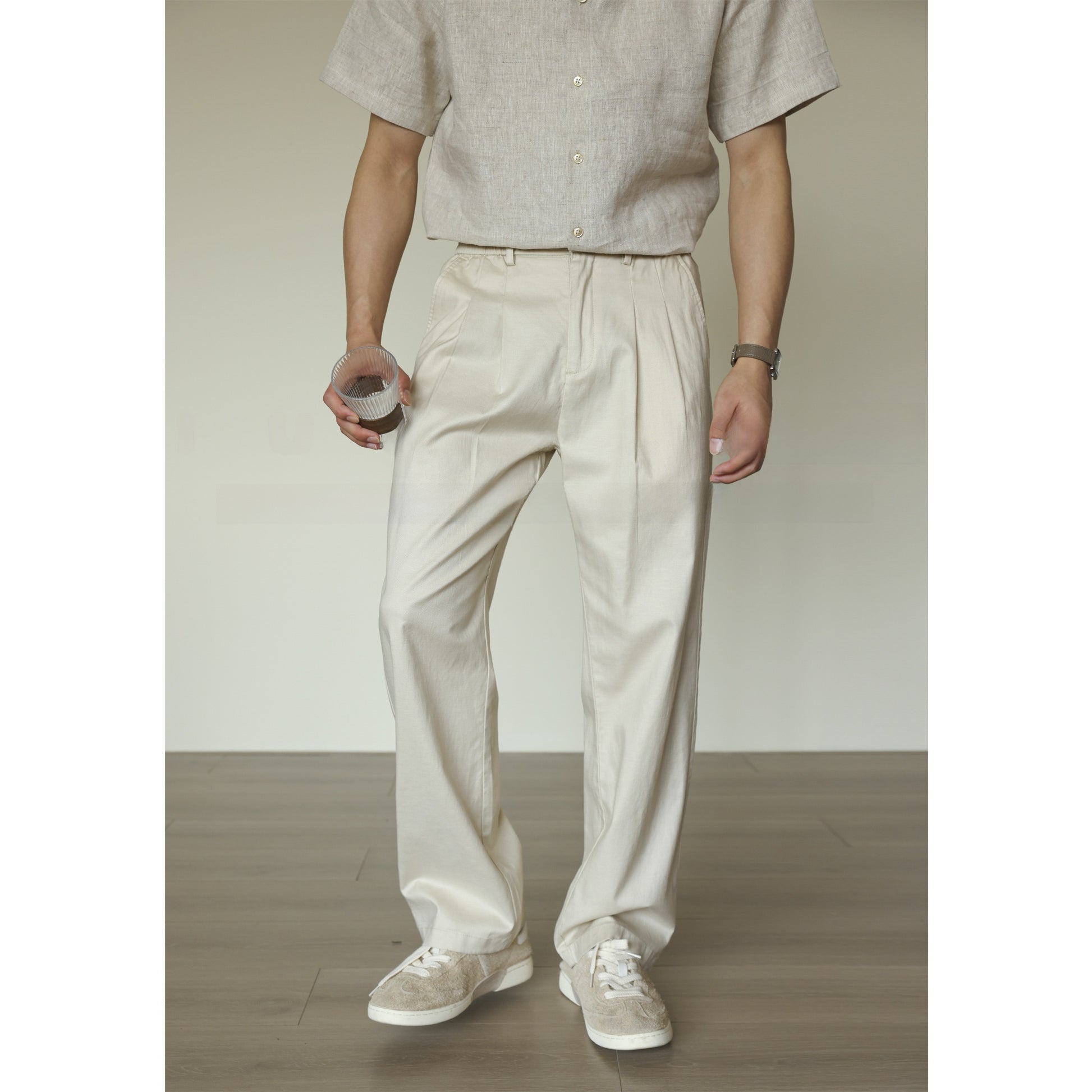 Mens Linen Blend Straight Leg Trousers