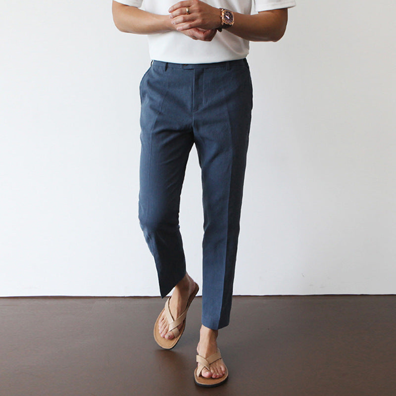 Mens Linen Cotton Blend Cropped Casual Pants