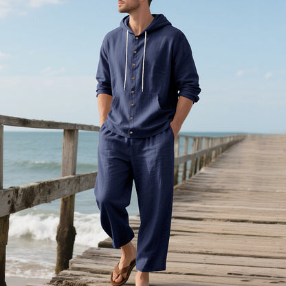 Mens Linen Hooded Shirt and Trousers