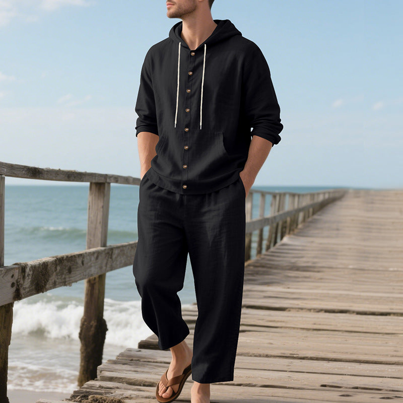 Mens Linen Hooded Shirt and Trousers