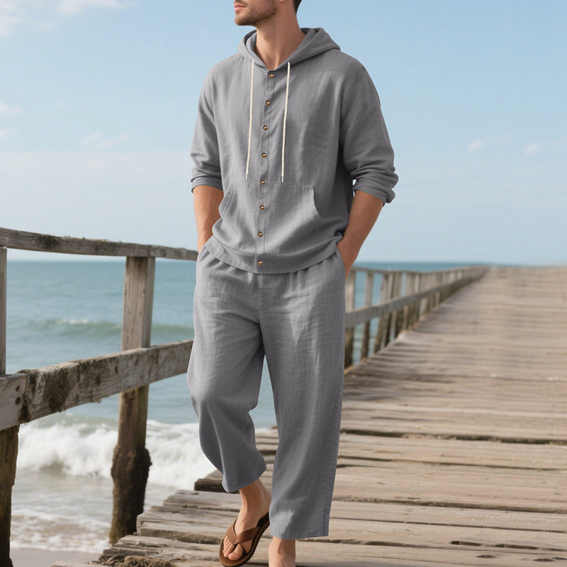Mens Linen Hooded Shirt and Trousers