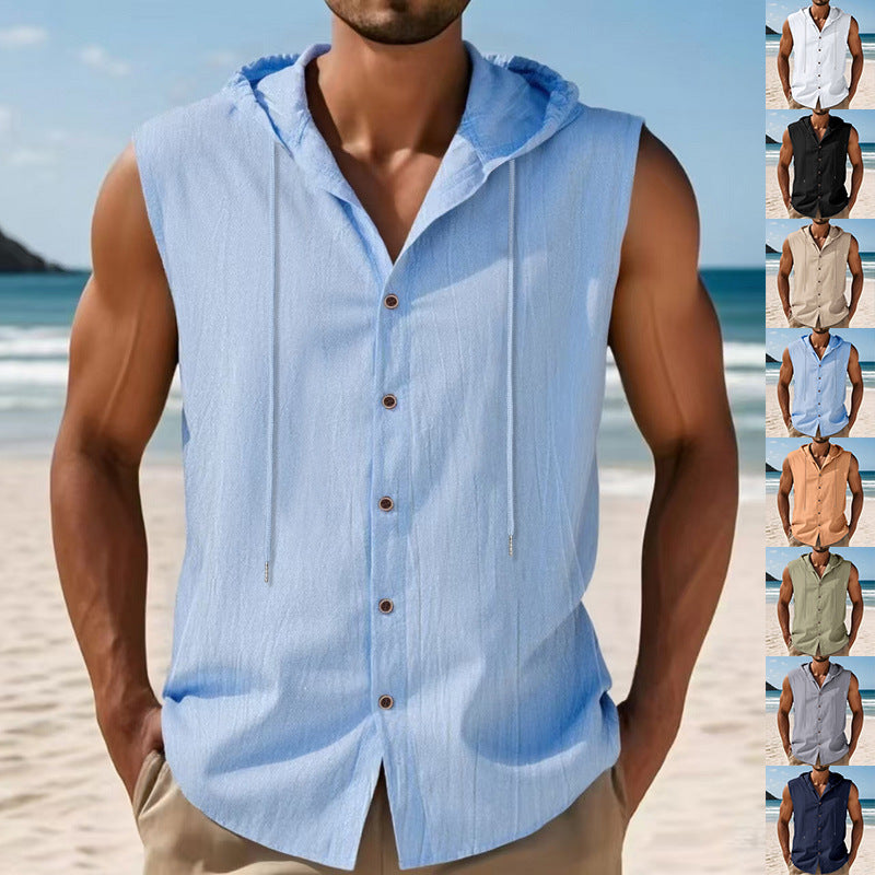 Mens Linen Hooded Sleeveless Shirt