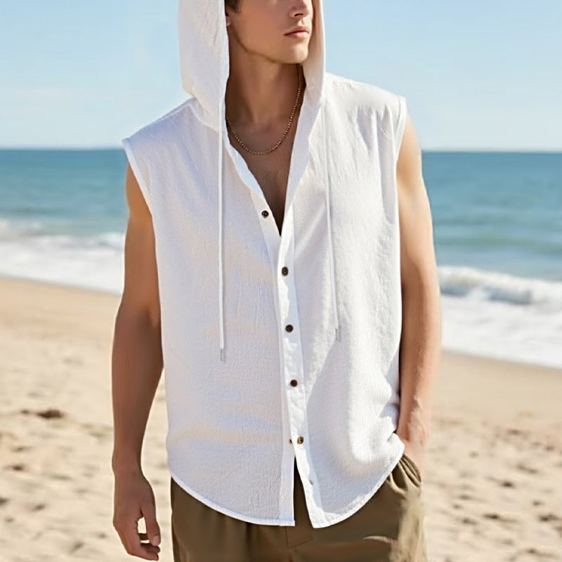 Mens Linen Hooded Sleeveless Shirt