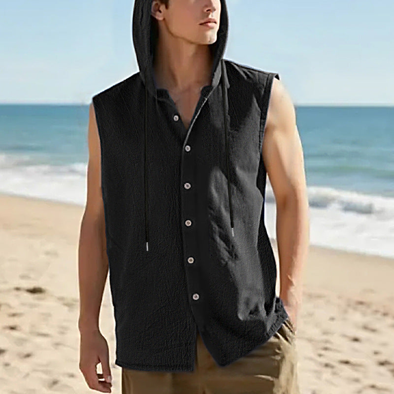 Mens Linen Hooded Sleeveless Shirt