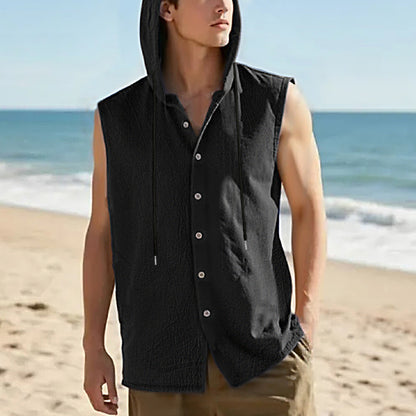 Mens Linen Hooded Sleeveless Shirt